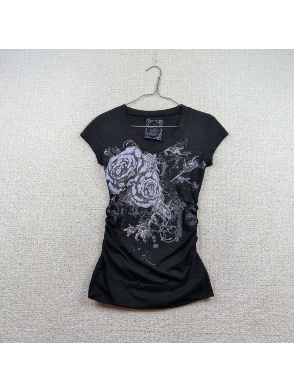 Y2K D Lady Gothic Grunge Graphic T-shirt Bodycon Ruched Women’s Sz M Rhinestone